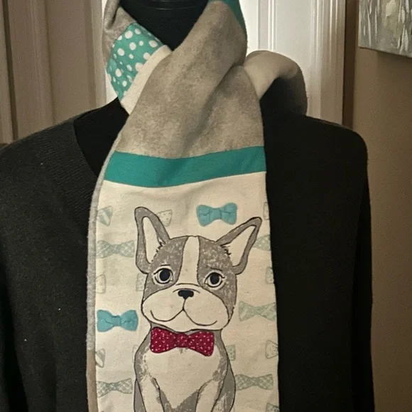 Hand Crafted Dog Print Scarf with Red and Blue Accents - Picture 3 of 5